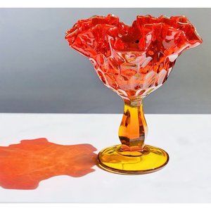 Vintage Red Fenton Amberina Thumbprint  Footed Glass Candy Dish Bowl GLOWS